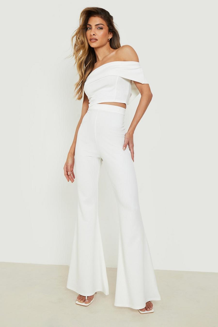 Ivory white Bardot Top & Super Flared Trousers 