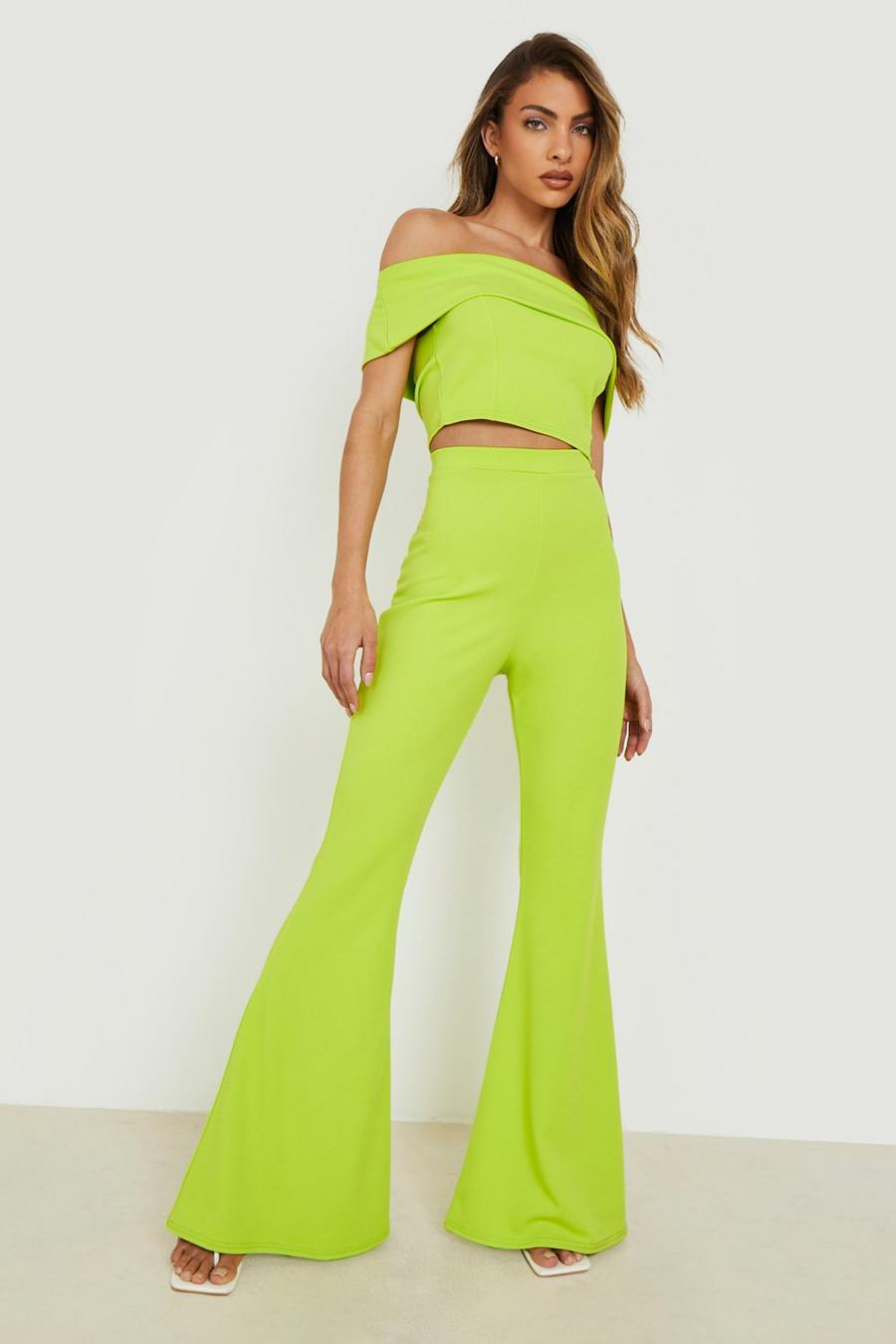 Lime green Bardot Top & Super Flared Trousers 