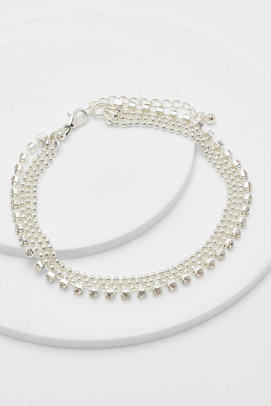 Silver Diamante Double Line Chain Anklet 