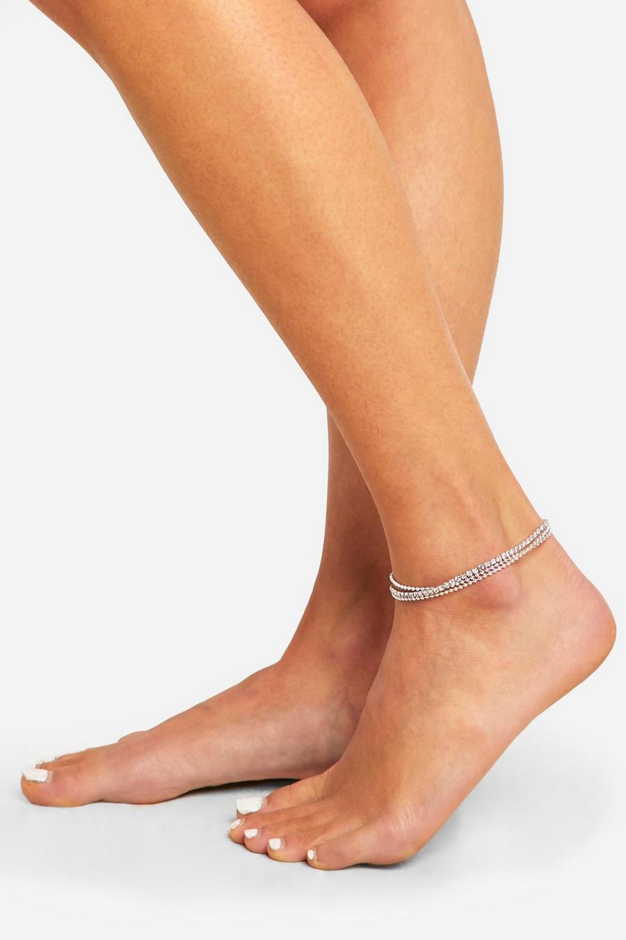 Silver Dainty Rhinestone Anklet image number 1