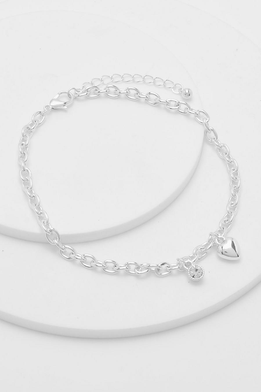 Silver Heart & Diamante Anklet  image number 1