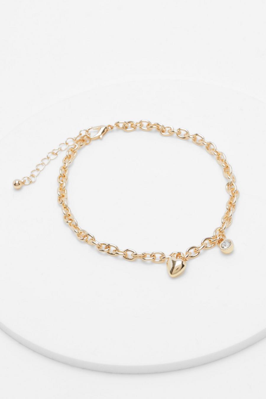Bracelet de cheville à cœurs et strass, Gold metallic image number 1