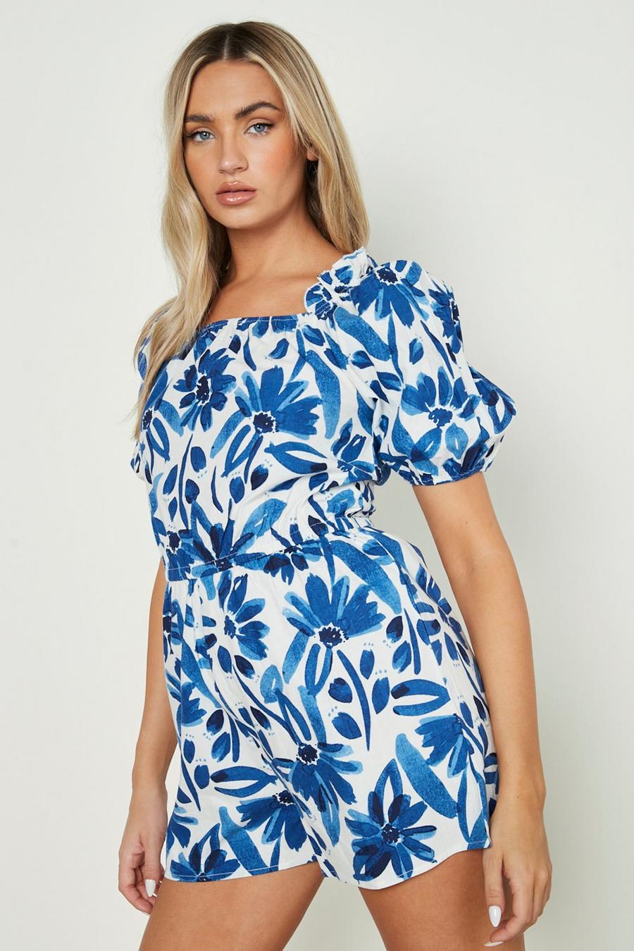 Blue Floral Cotton Puff Sleeve Playsuit image number 1