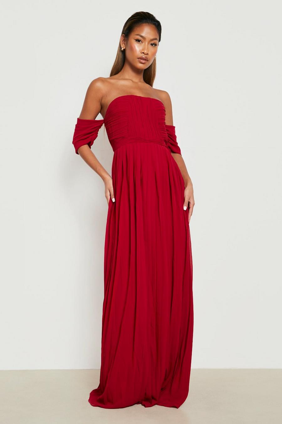 Berry red Pleated Bardot Bridesmaid Maxi Dress image number 1