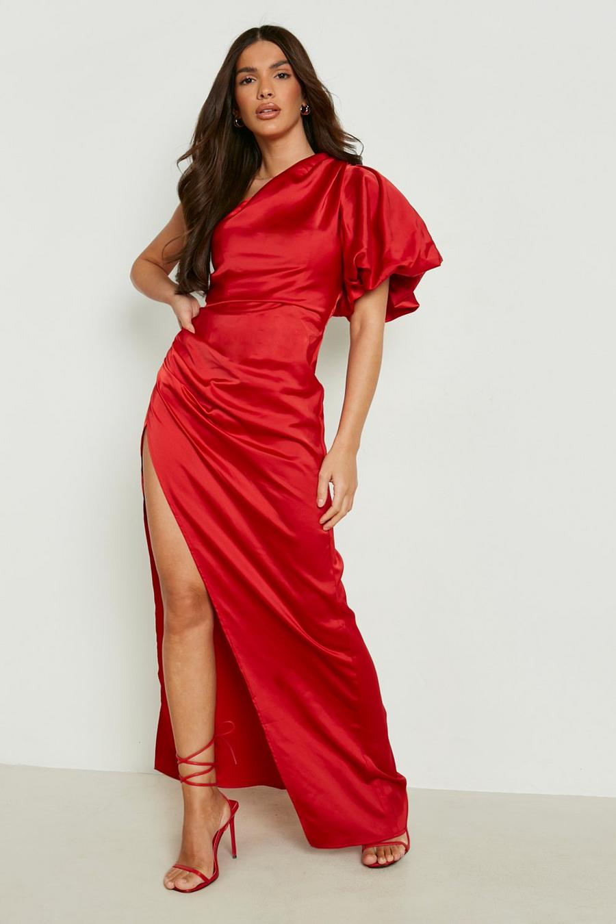 Red One shoulder-klänning med slits och puffärm image number 1