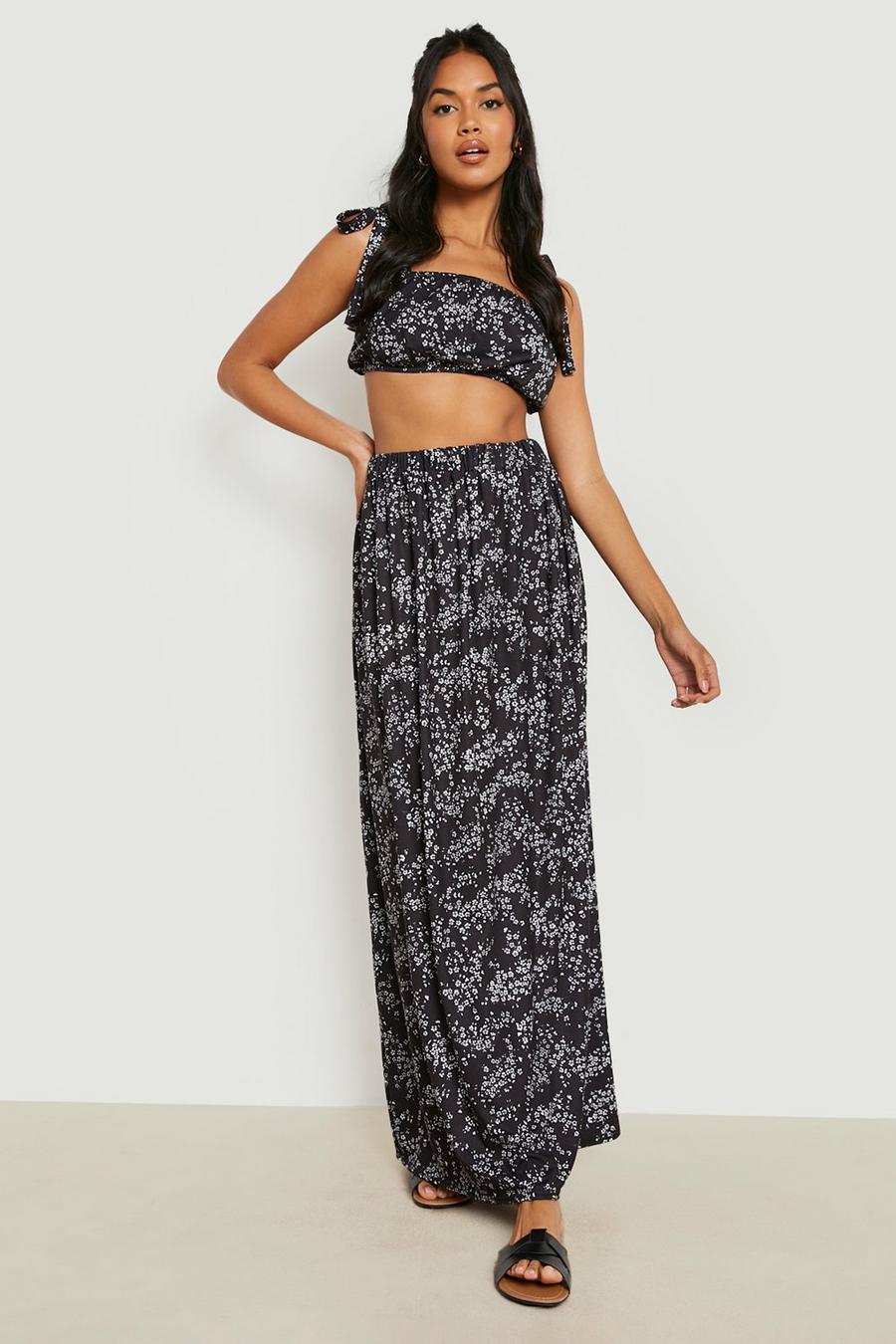 Black Ditsy Floral Ruffle Crop & Maxi Skirt image number 1
