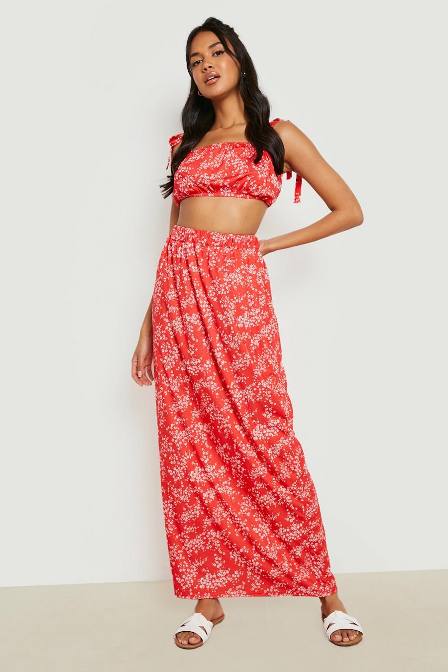 Red Ditsy Floral Ruffle Crop & Maxi Skirt