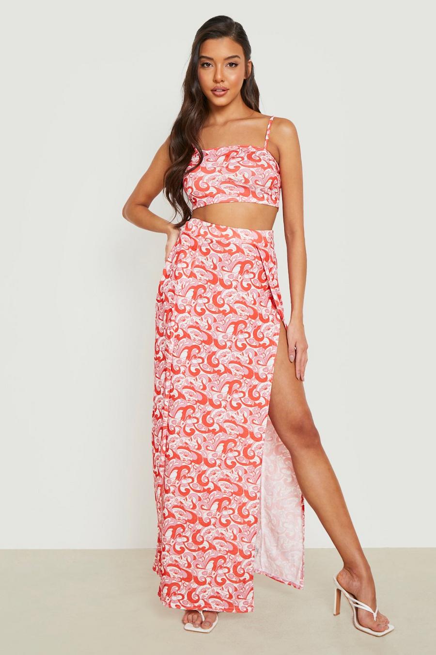 Pink Abstract Print Crop & Thigh Split Maxi image number 1