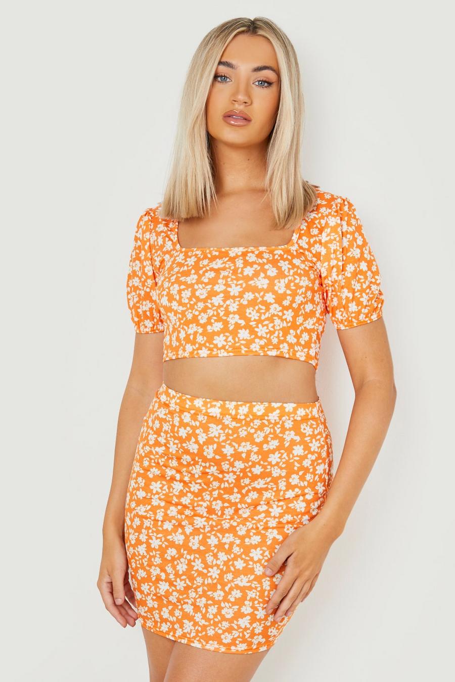 Orange Ditsy Floral Top & Mini Skirt  image number 1