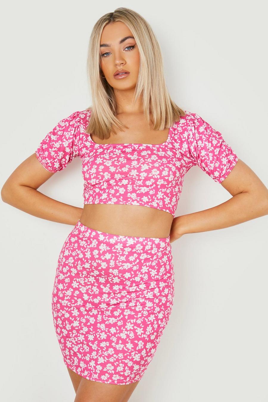 Pink Ditsy Floral Top & Mini Skirt  image number 1