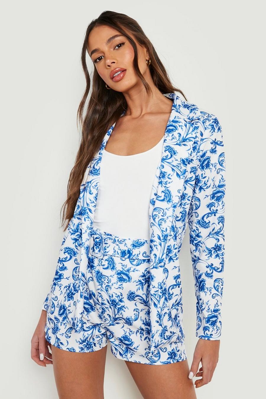 Blue Porcelain Print Blazer & Belted Shorts Set image number 1