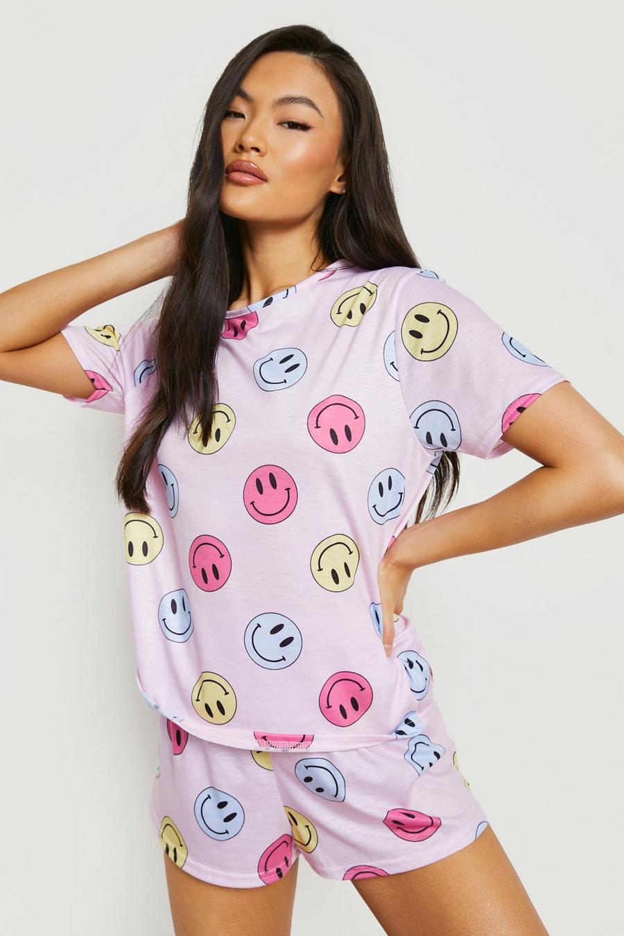 Pyjama Shorts-Set mit Smiley-Print, Pink
