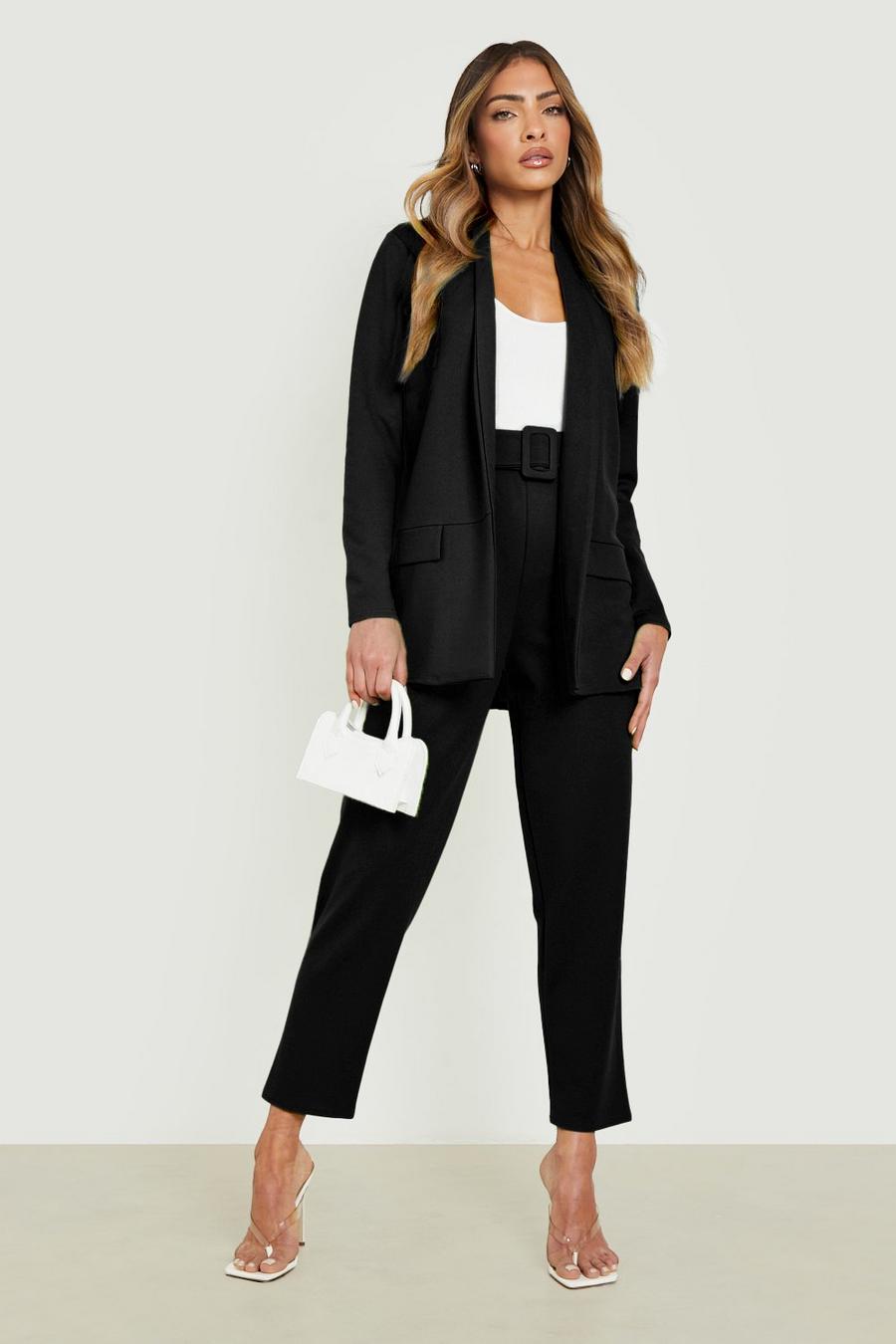 Black Blazer & Self Fabric Pants Suit Set image number 1