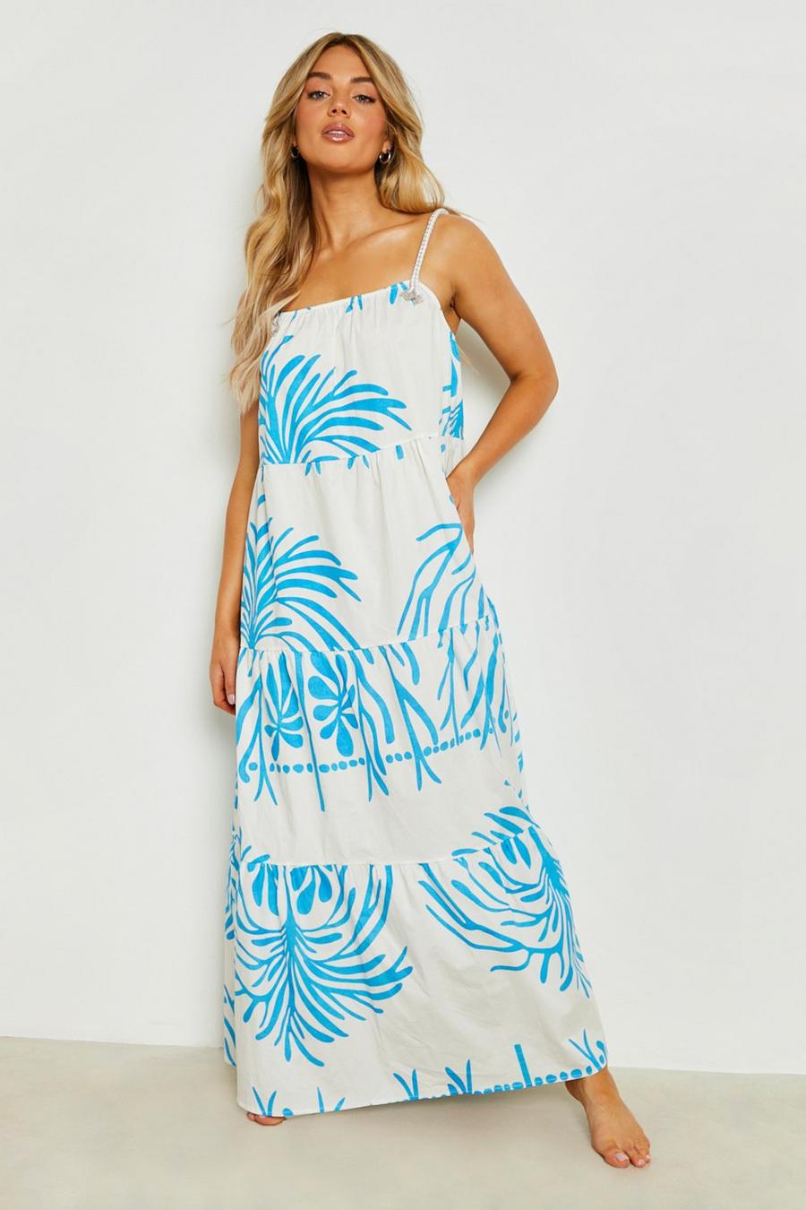 Blue azzurro Premium Rope Coral Print Maxi Beach Dress