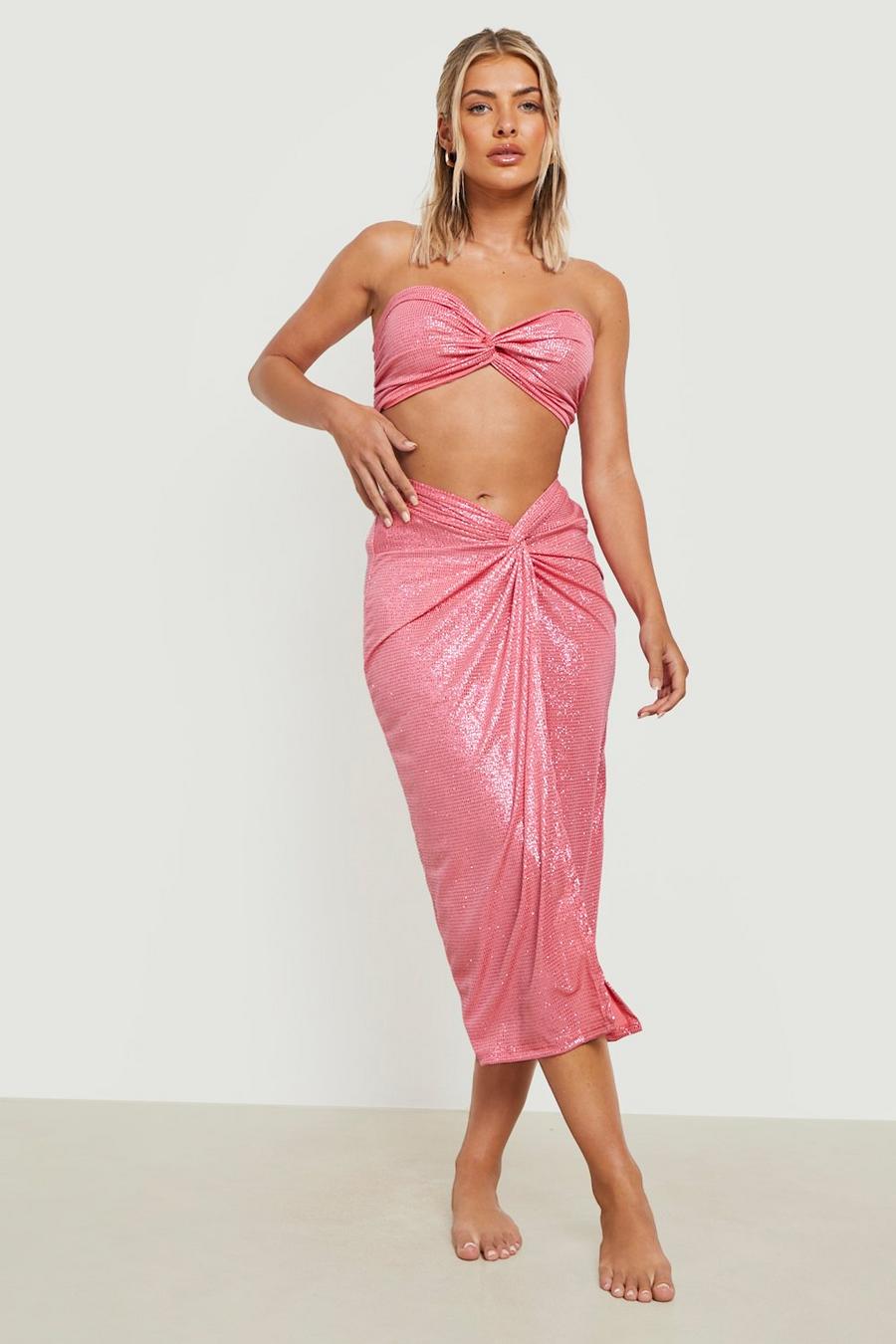 Pink Glitter Twist Top & Skirt Beach Two-Piece image number 1