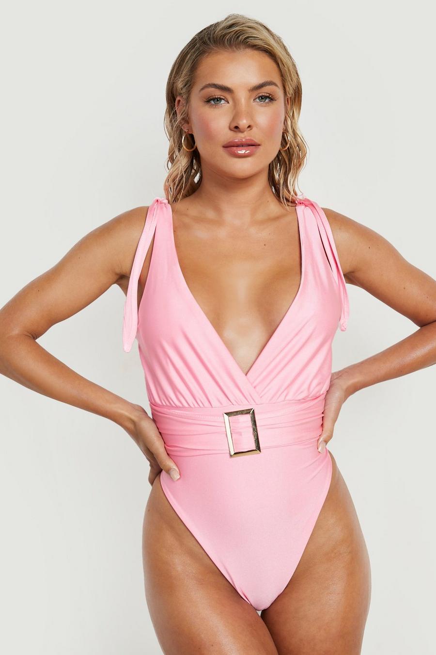 Pink Belted Tie Shoulder Plunge Swimsuit 
