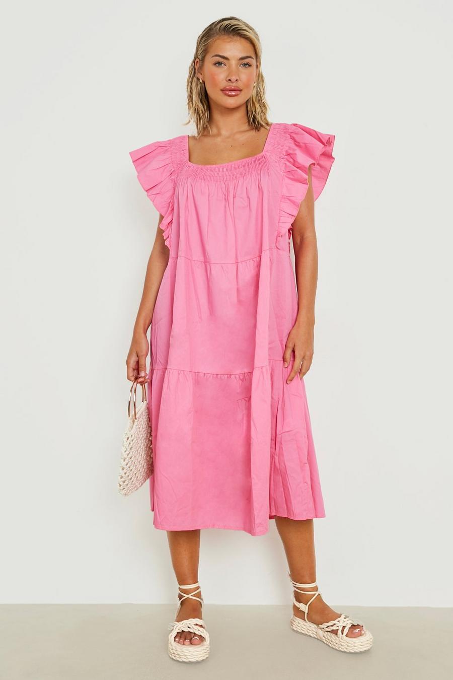 Pink Woven Ruffle Sleeve Tiered Midi Beach Dress image number 1