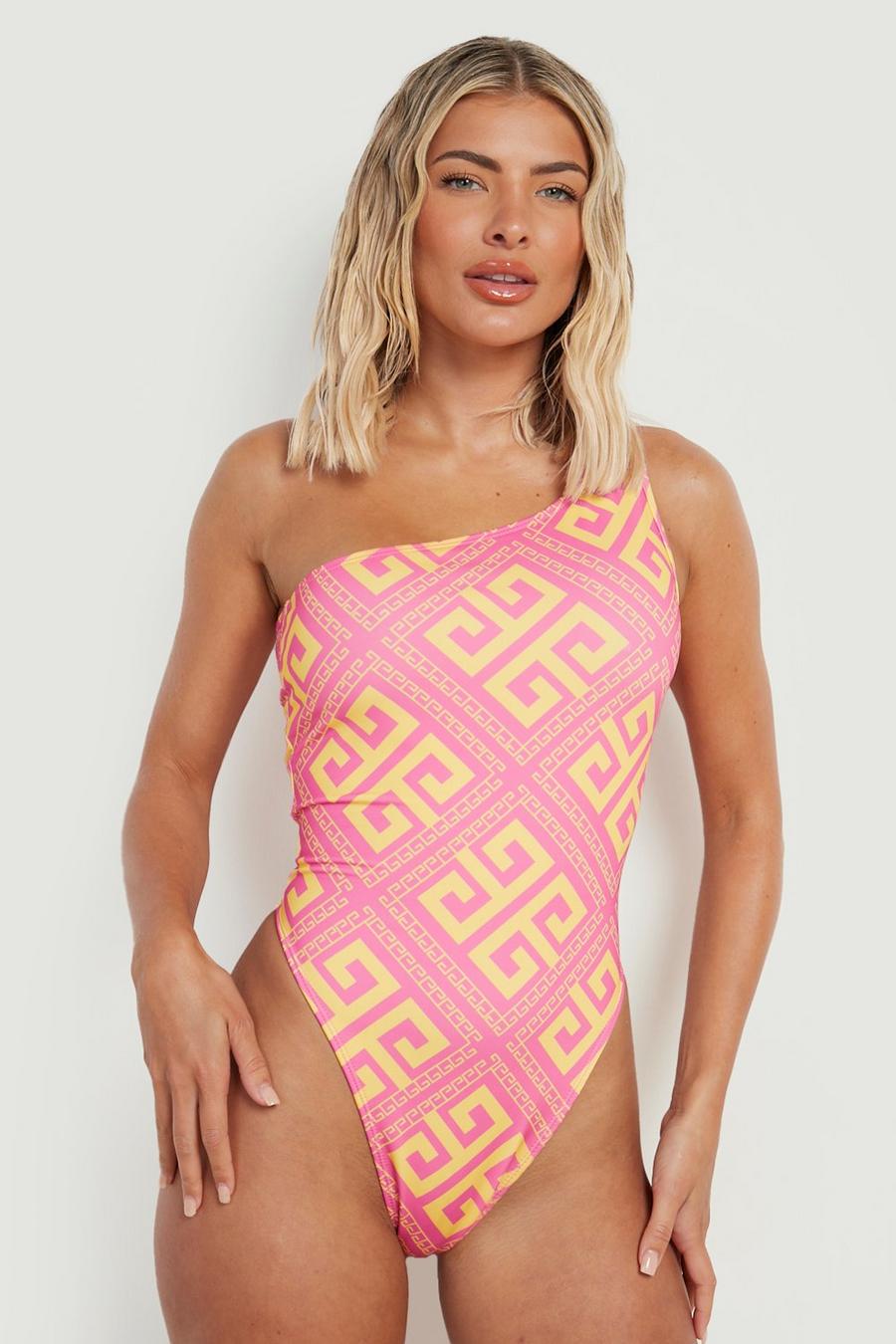 Pink Geo Print One Shoulder Swimsuit image number 1