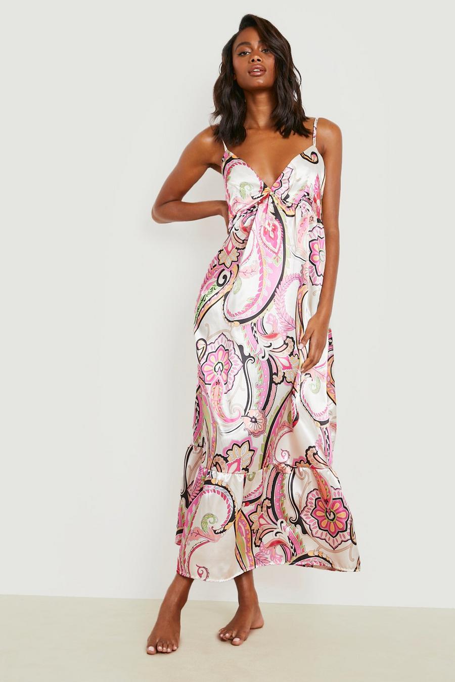 Pink Satin Printed Strappy Tiered Wide Beach Dress image number 1