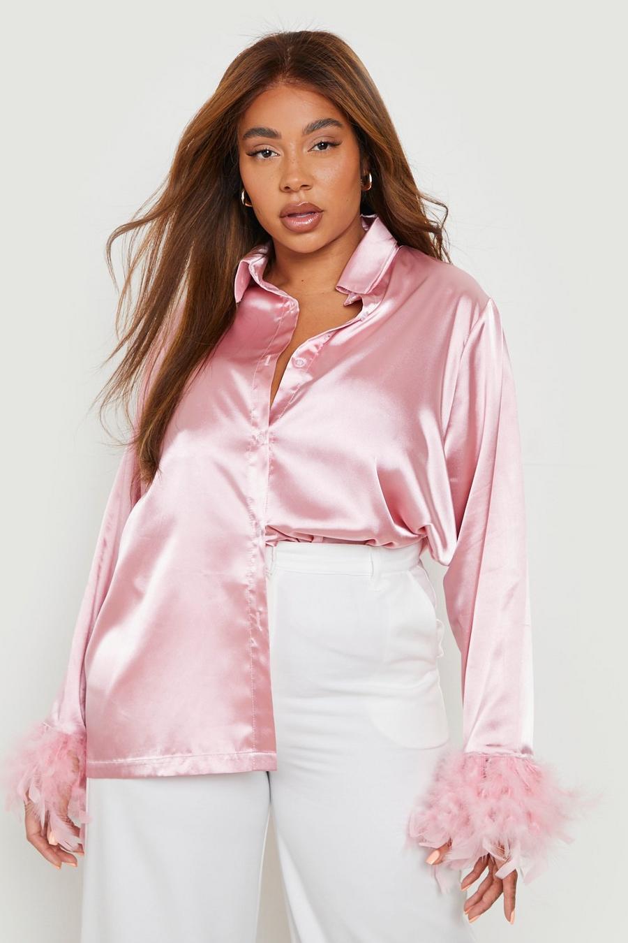 Rose pink Plus Feather Cuff Oversized Satin Shirt