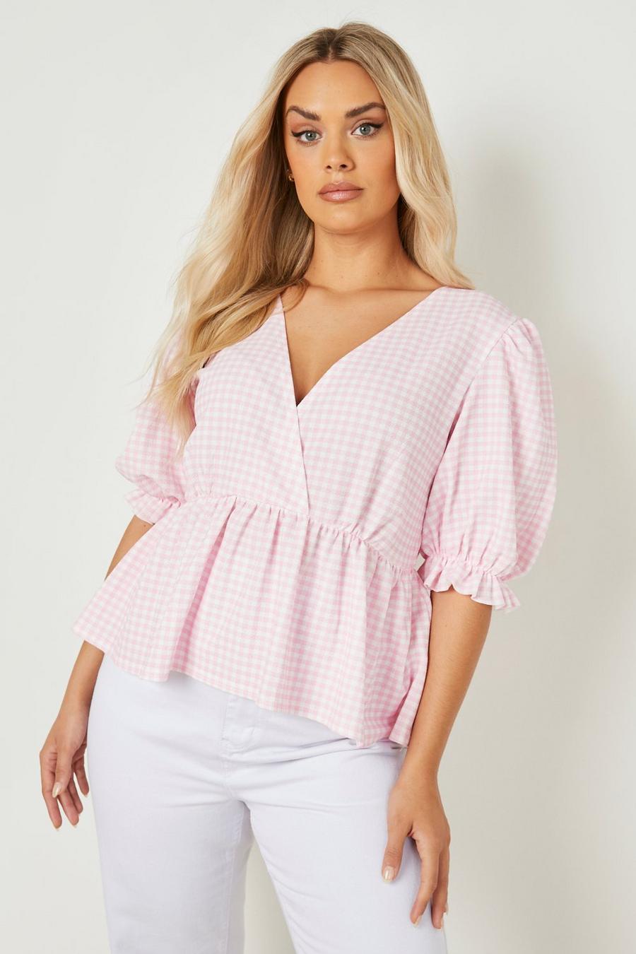 Pink Plus Gingham Frill Detail Top image number 1