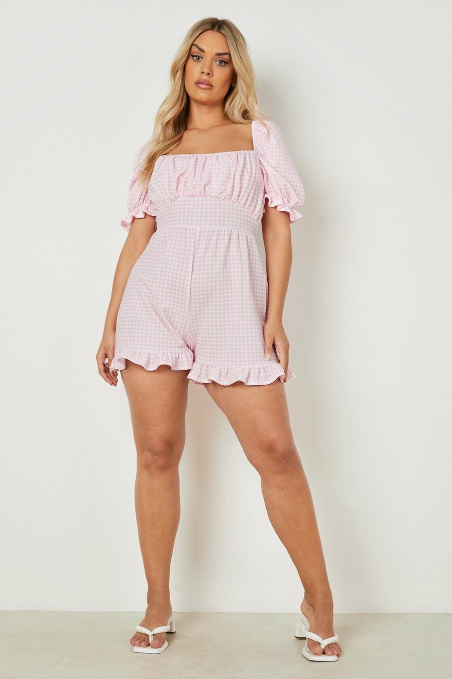 Pink Plus Gingham Puff Sleeve Playsuit image number 1