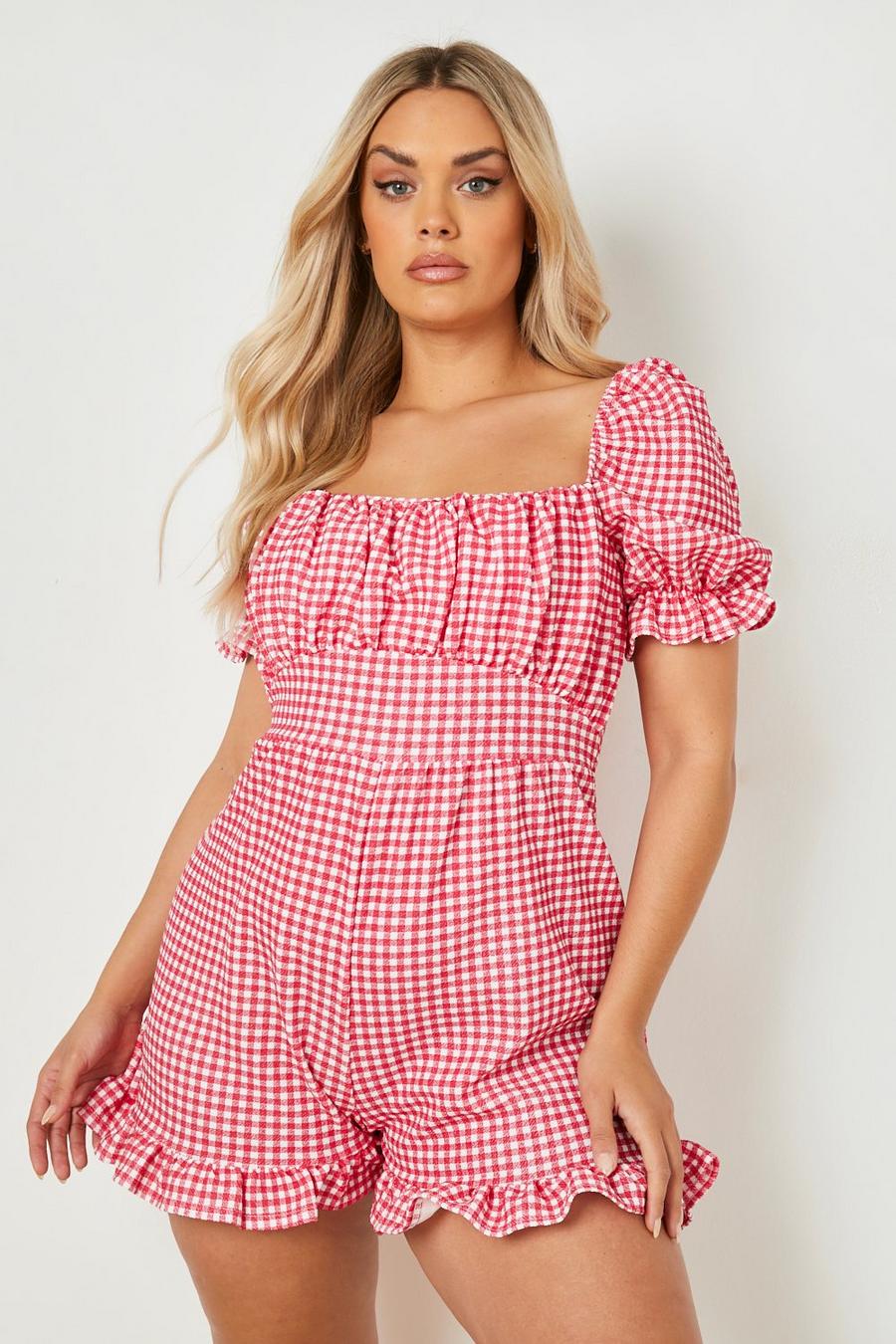 Red Plus Gingham Puff Sleeve Romper image number 1