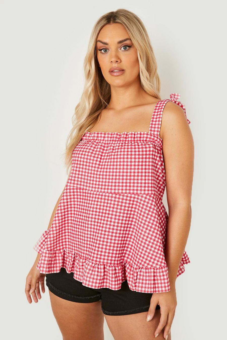 Red Plus Gingham Frill Detail Top image number 1