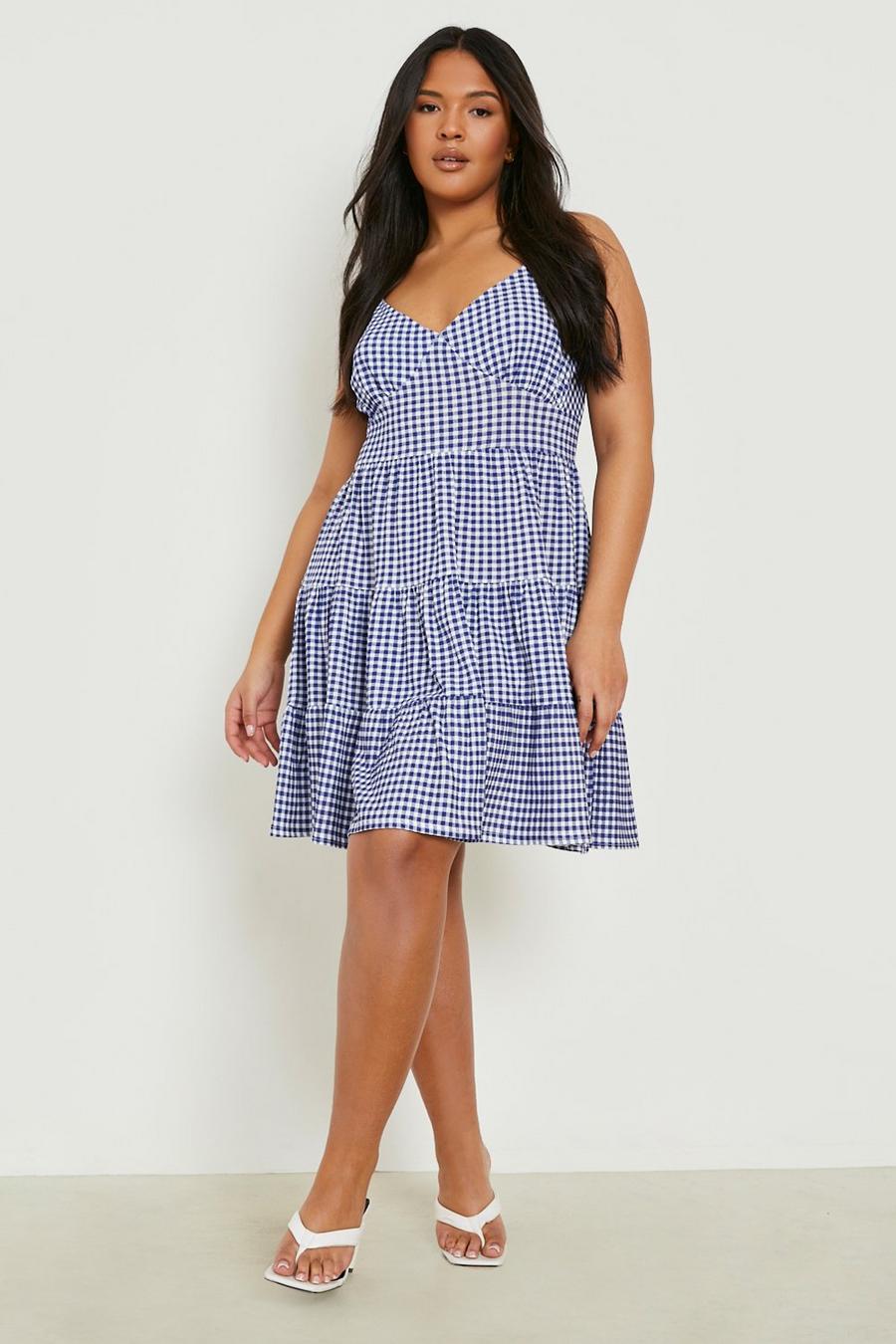 Navy Plus Gingham Strappy Tiered Skater Dress image number 1