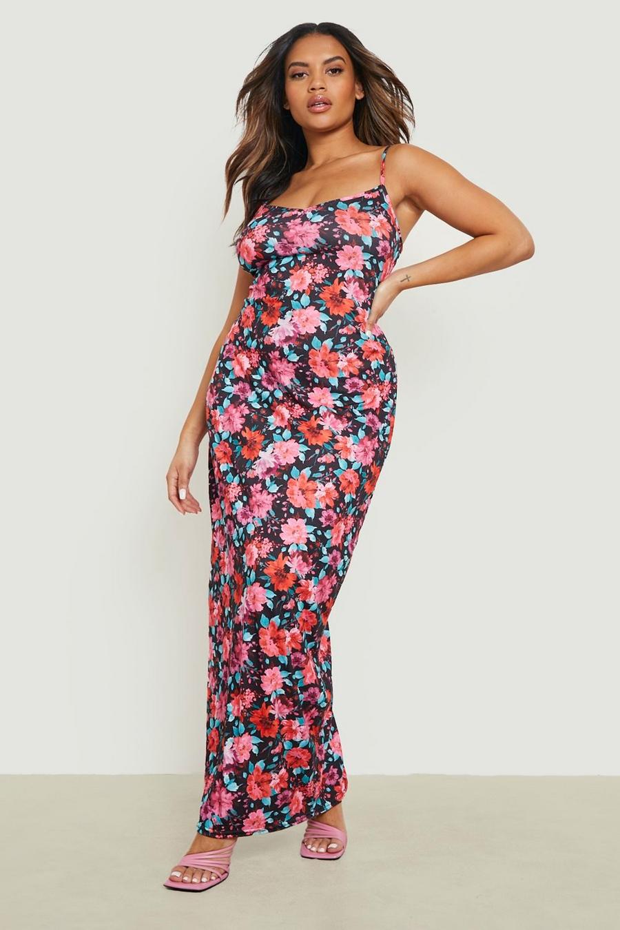 Black Plus Floral Printed Strappy Maxi Dress image number 1