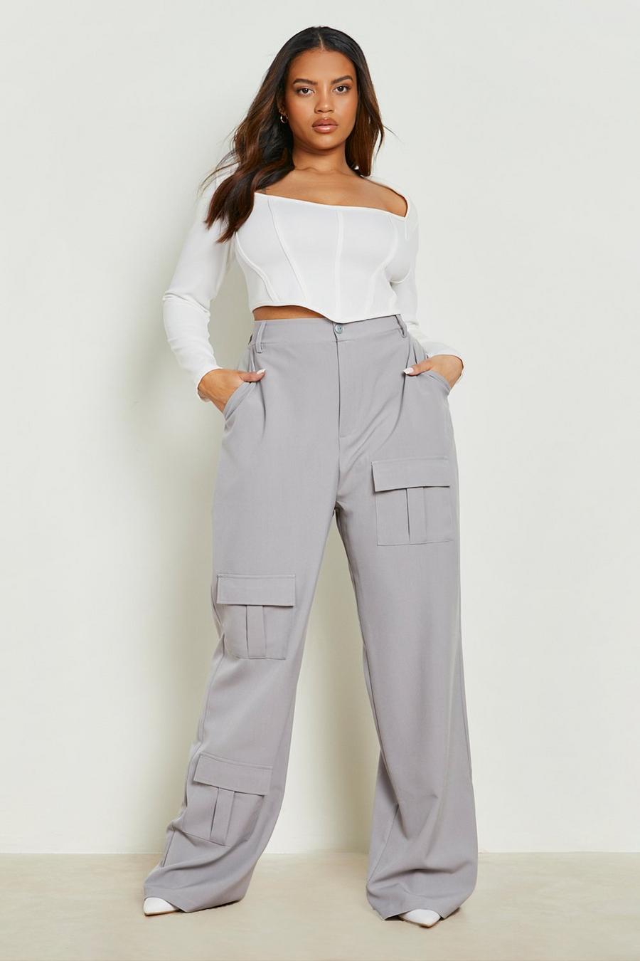 Grey Plus Woven Pocket Detail Wide Leg Cargo Pants