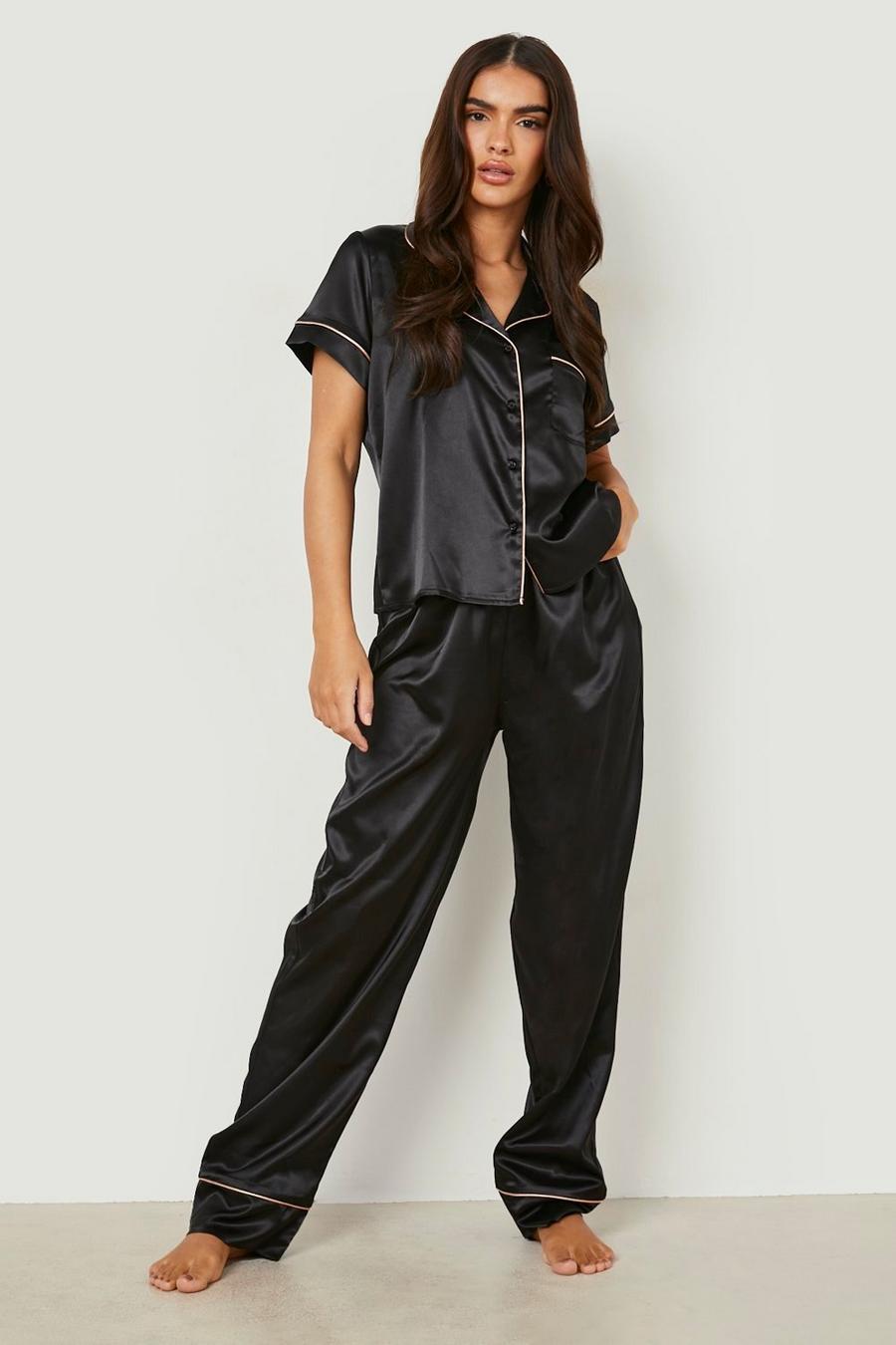 Black Satin Pj Trouser Set With Contrast Piping image number 1