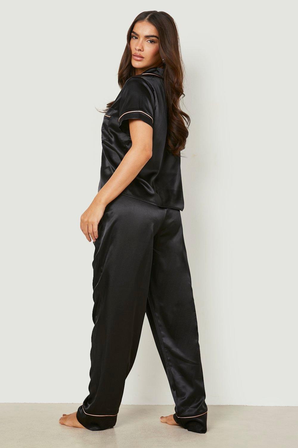 Women s Satin Pj Trouser Set With Contrast Piping Boohoo UK