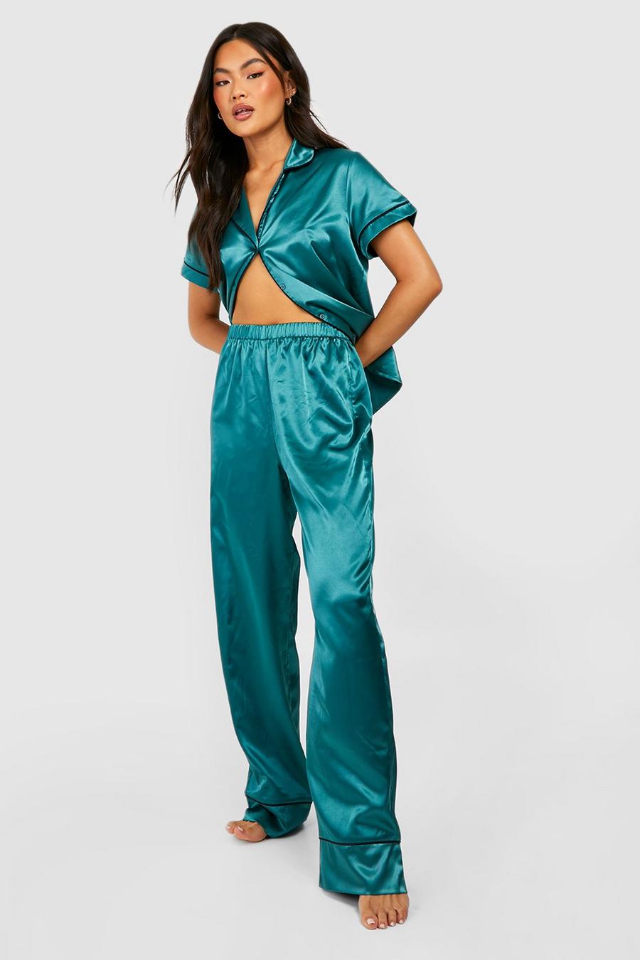Green Satin Pj Trouser Set With Contrast Piping image number 1