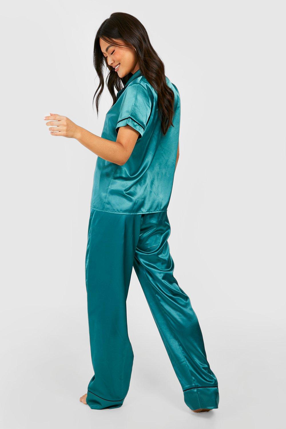 Satin Pj Trouser Set With Contrast Piping boohoo