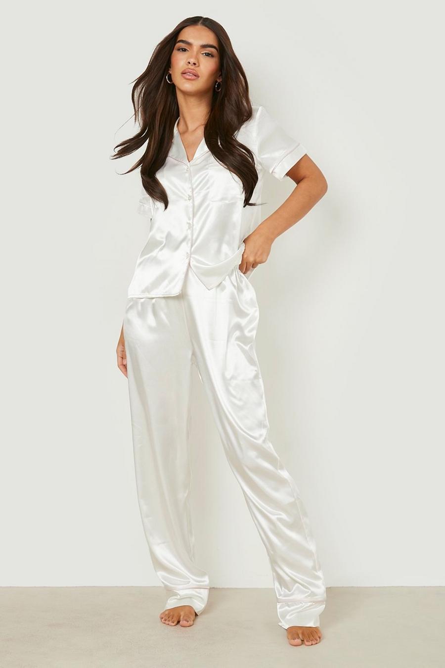 Ivory Satin Pj Trouser Set With Contrast Piping image number 1