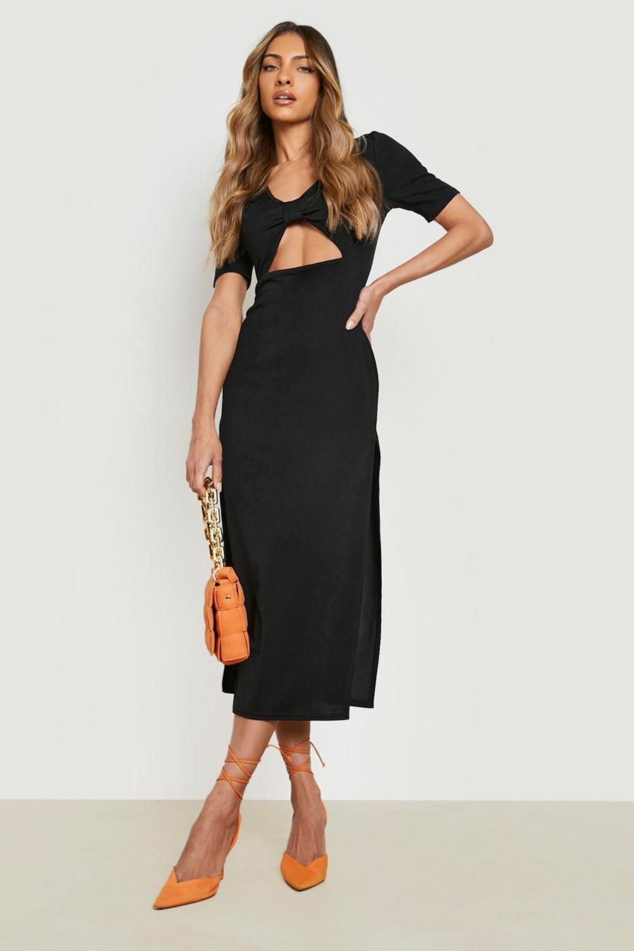 Black Short Sleeve Cut Out Side Split Midi Dress image number 1