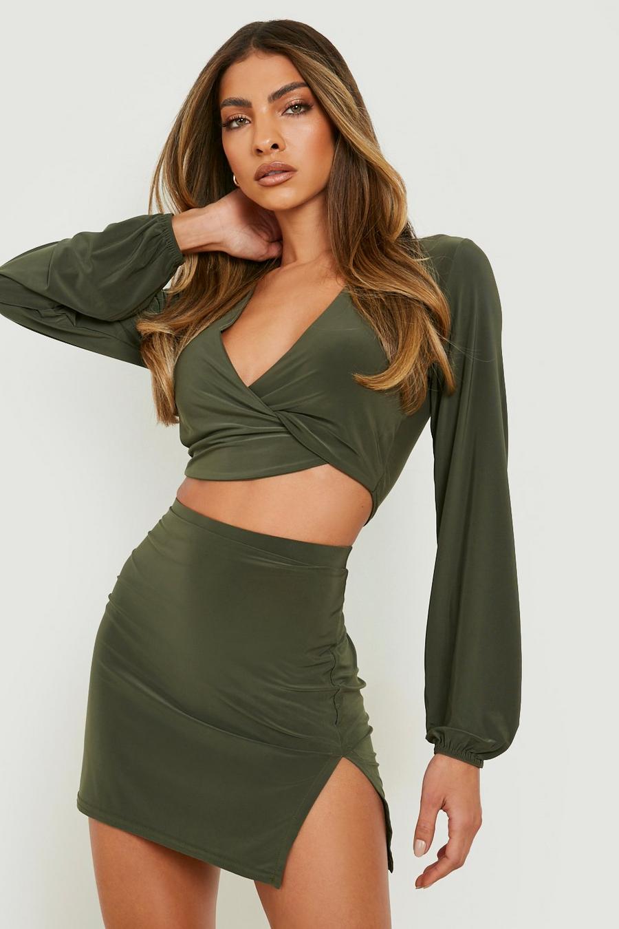 Olive Slinky Mini Skirt Two-Piece image number 1