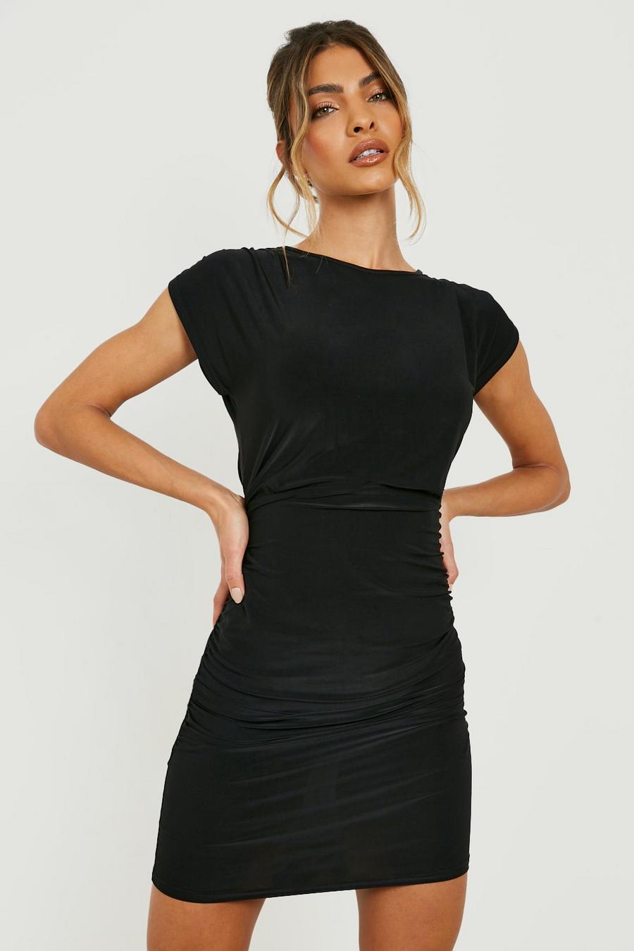 Black Slinky Ruched Shoulder Mini Dress image number 1