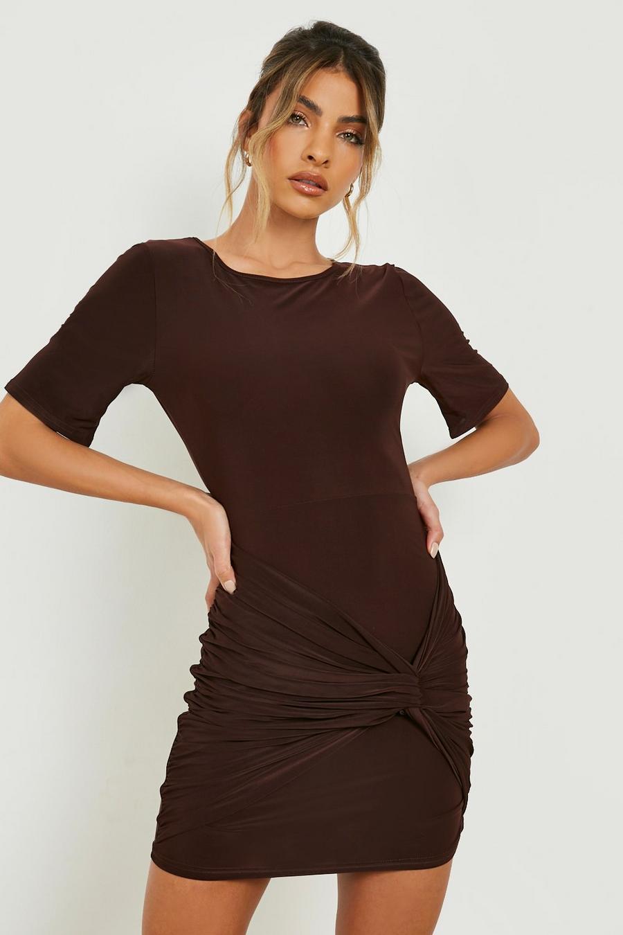 Chocolate Slinky Knot Front Mini Dress image number 1