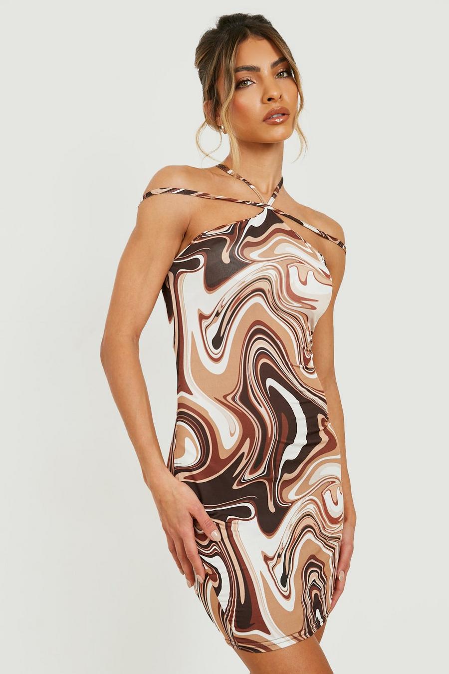 Chocolate brown Marble Strappy Slinky Mini Dress