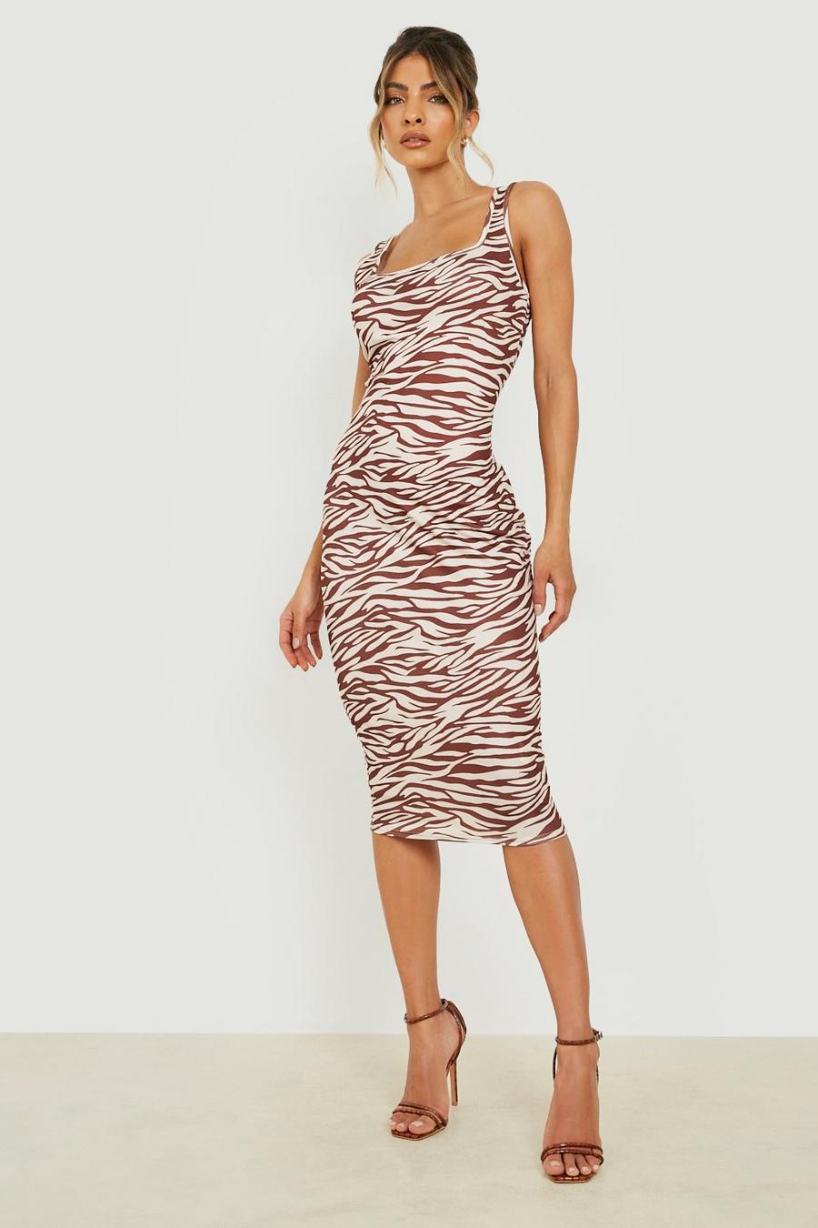 Brown Zebra Strappy Scoop Neck Midi Dress