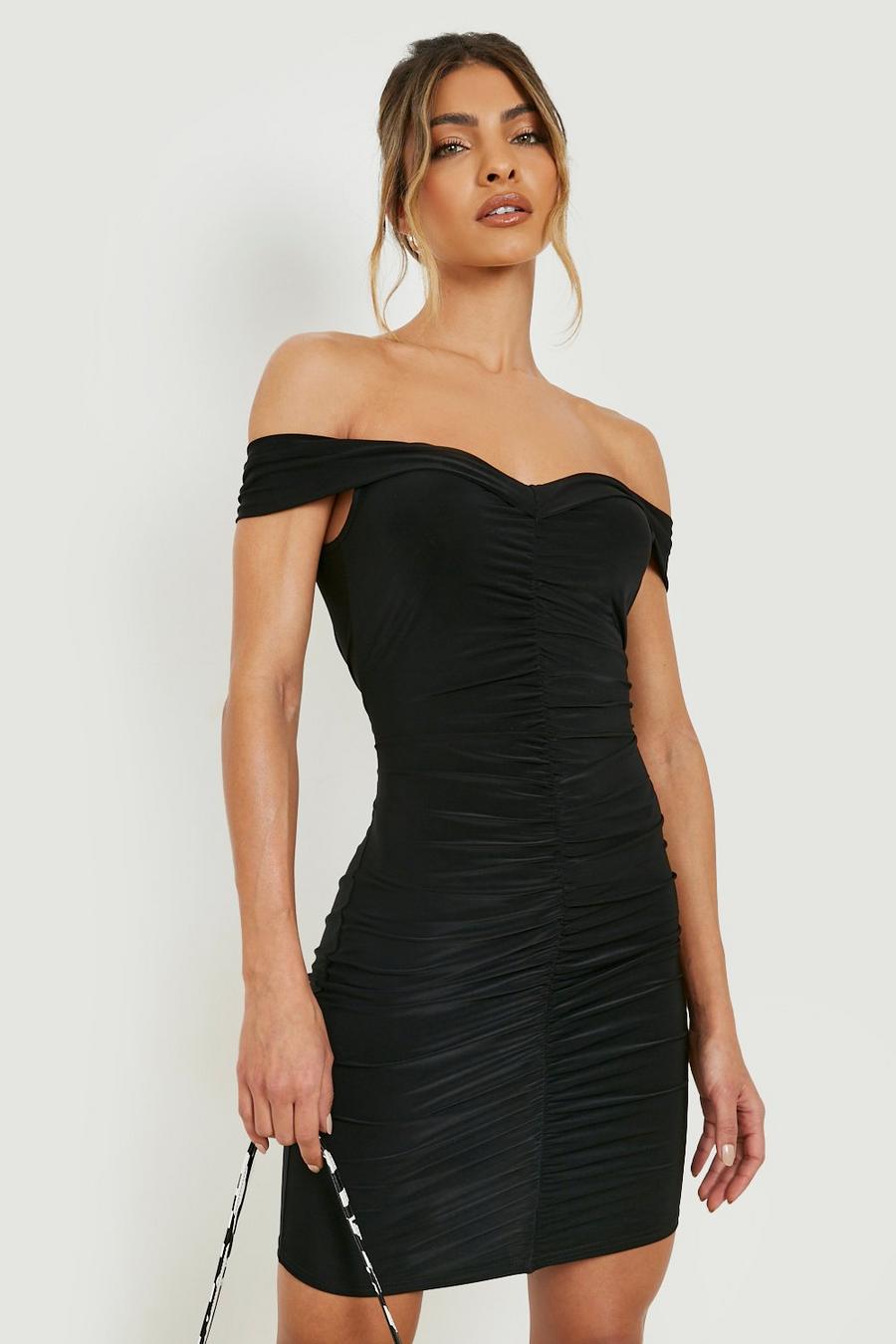 Black Slinky Off The Shoulder Ruched Mini Dress