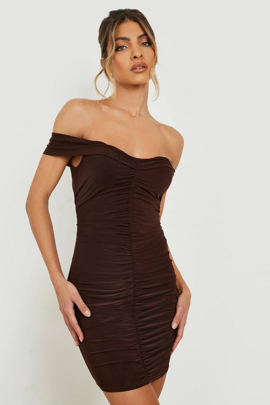 Chocolate Basic Slinky Off The Shoulder Ruched Mini Dress image number 1