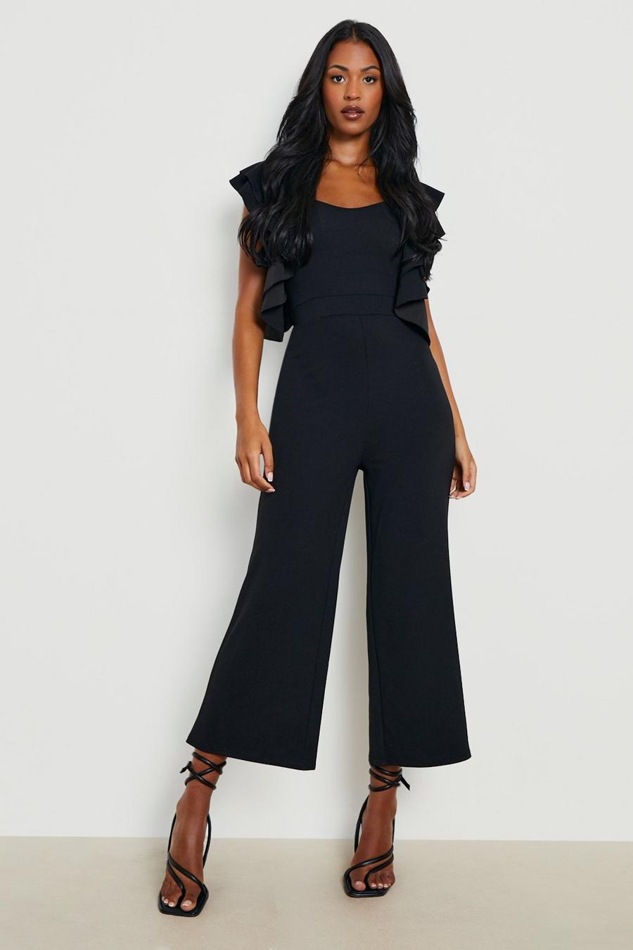 Black Tall Statement Ruffle Cross Back Jumpsuit image number 1