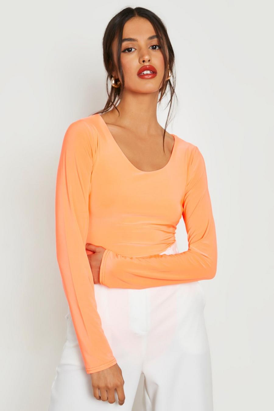 Neon-orange Neon Long Sleeve Slinky Bodysuit 