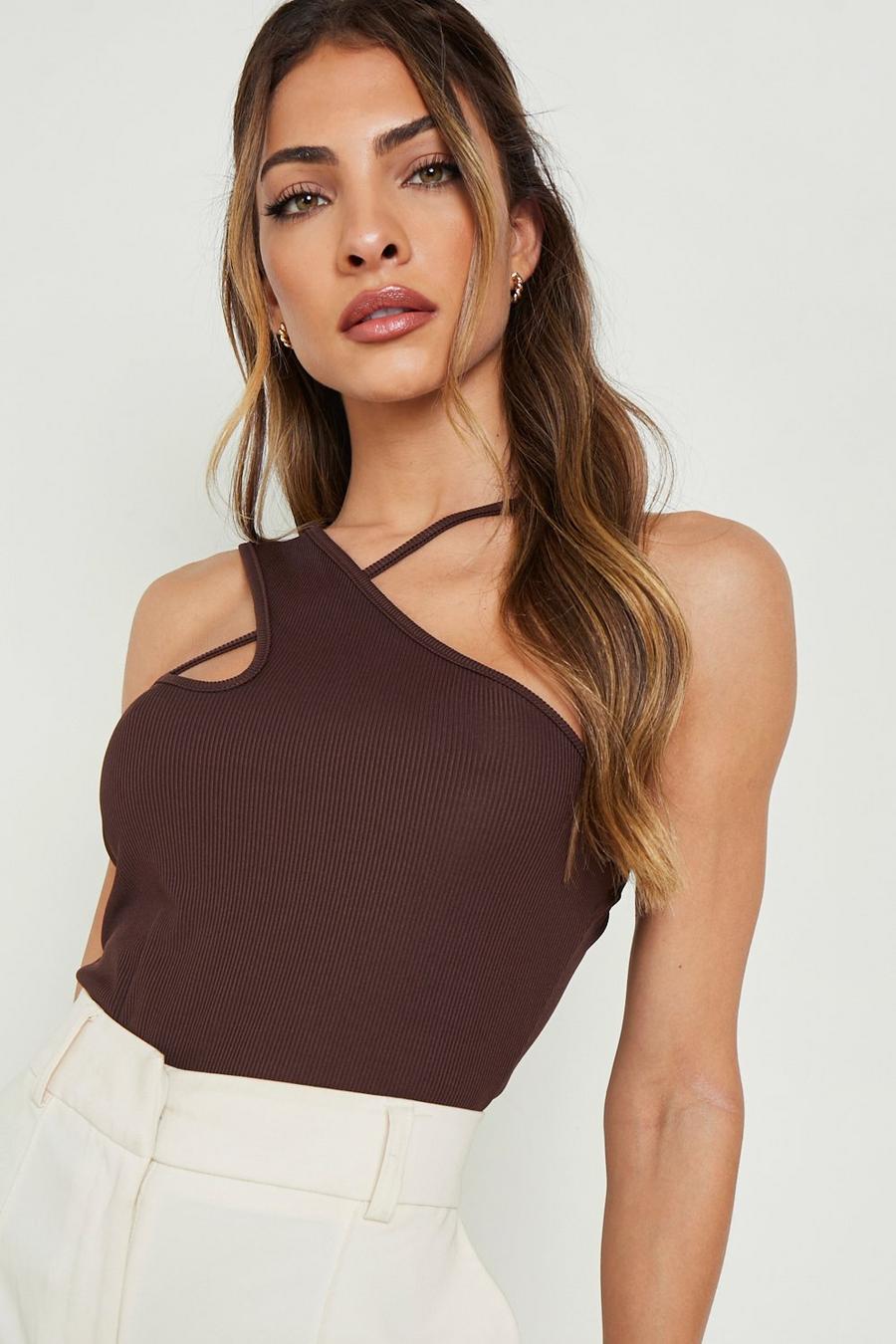Chocolate Rib Cut Out Asymmetric Bodysuit image number 1