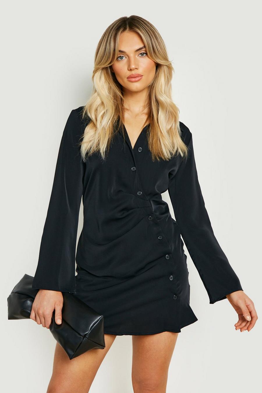 Black Woven Ruched Front Shirt Dress