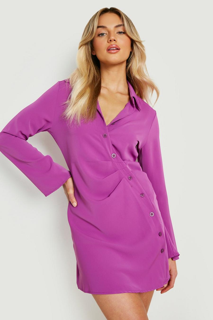 Purple Woven Ruched Front Shirt Dress image number 1