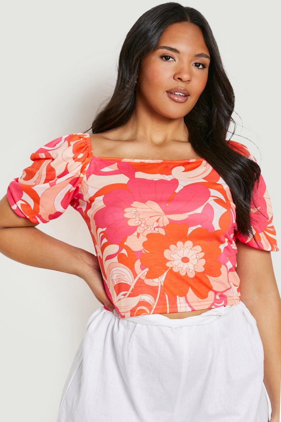 Orange Plus Abstract Floral Puff Sleeve Top image number 1
